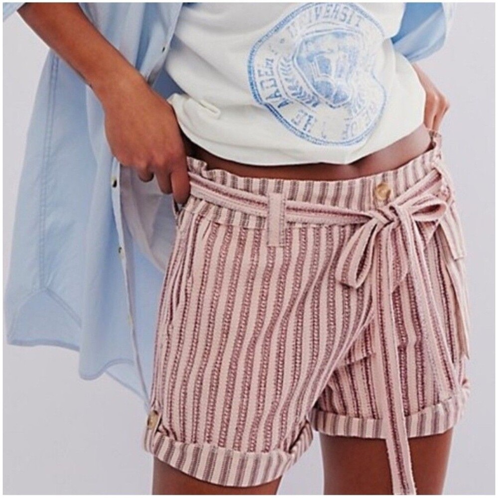Free People FP One Harriet Red Cream Striped Shorts Pocket New With Tags